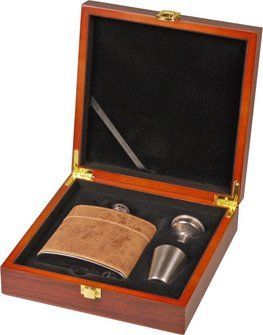 F​lachmann-Set Edelstahl, braun antik Holz-Geschenkbox, 6oz/180ml