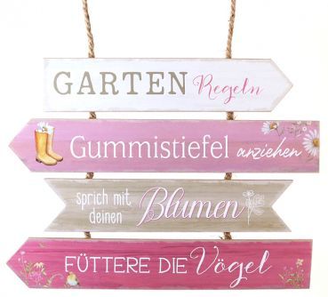 Garten-Regeln, Holzschild rosa