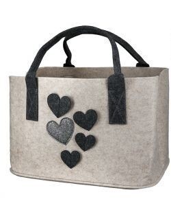 Filztasche beige mit grauen Herzen und Henkeln Filztasche beige mit grauen Herzen und Henkeln