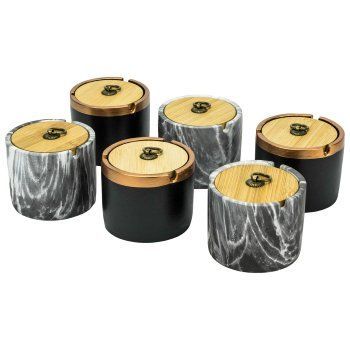 Schwarzer Windascher Zement mit Deckel aus Bambus