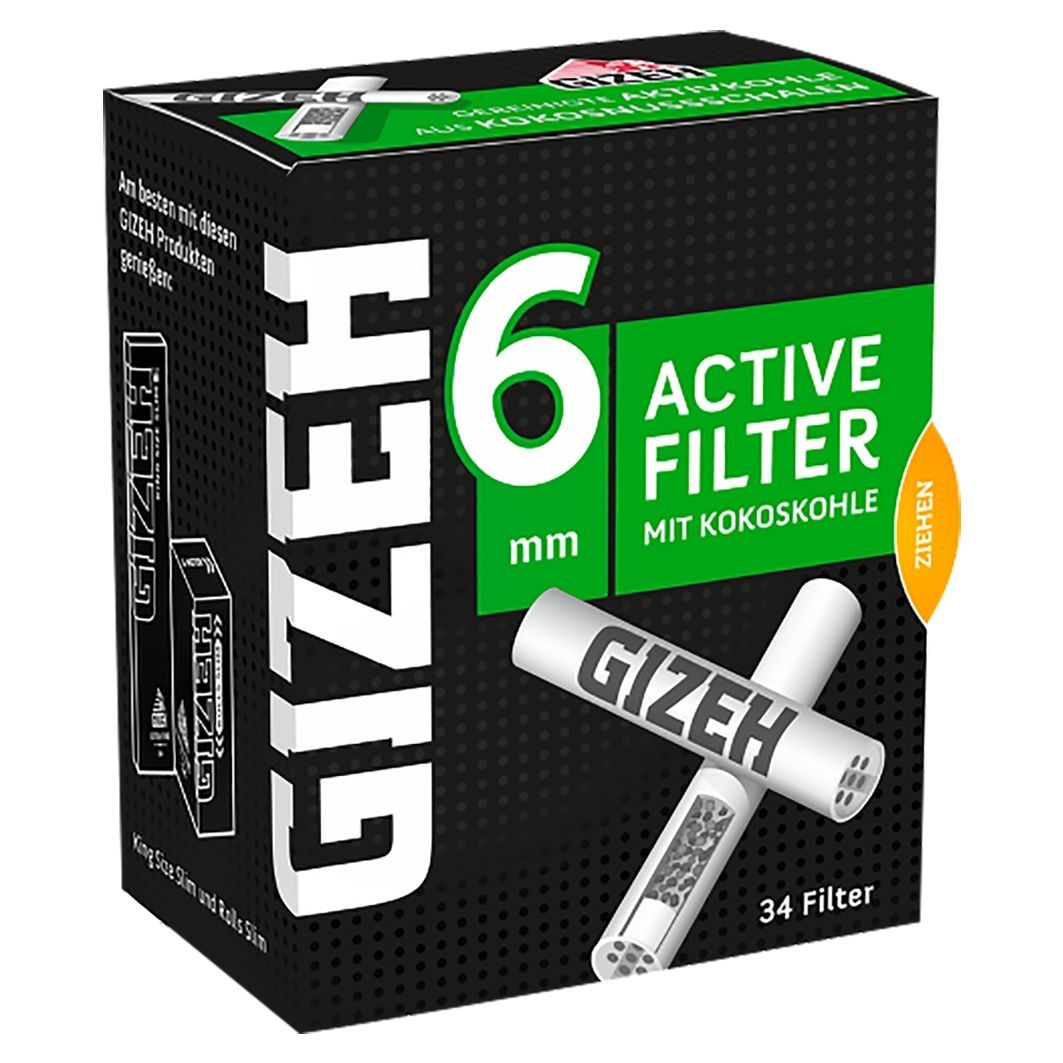 Gizeh Active Filter mit Kokoskohle, Ø 6mm, 34 Stk. Gizeh Active Filter mit Kokoskohle, Ø 6mm, 34 Stk.