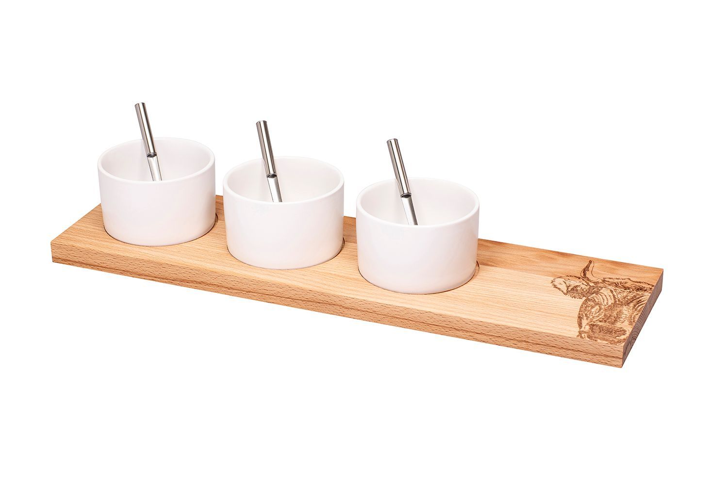 Apéro-Set “Hornkuh”, gross, Buche, 50 x 14 x 2 cm