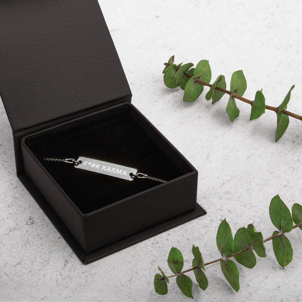 F*#K KARMA Engraved Silver Bar Chain Bracelet