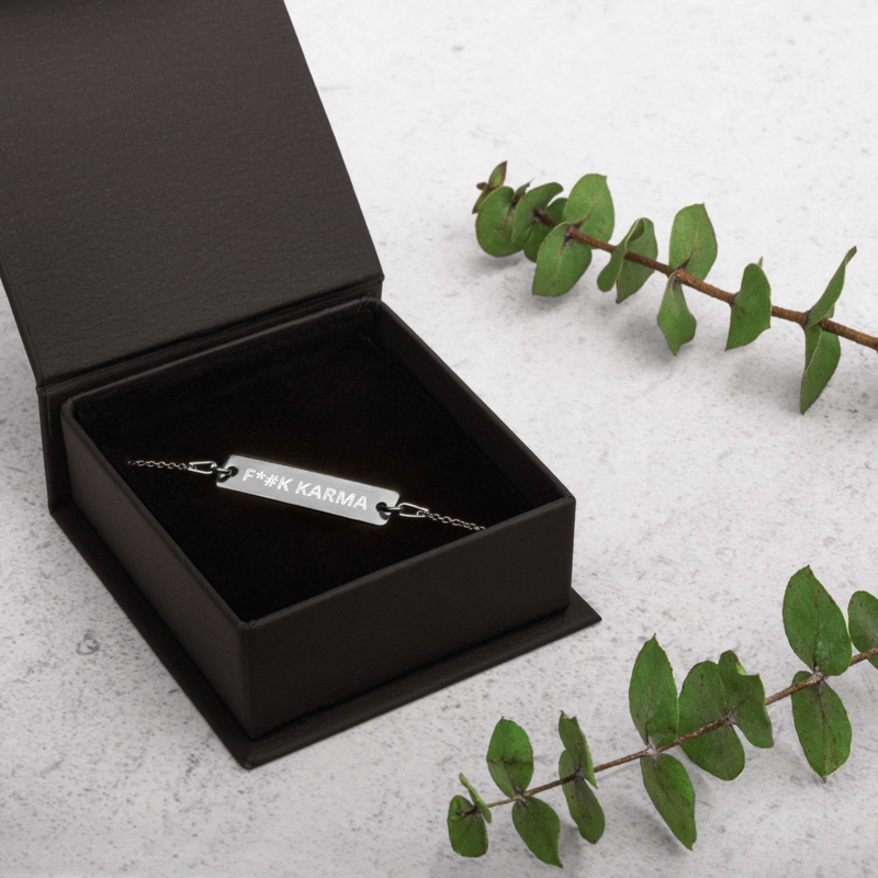 F*#K KARMA Engraved Silver Bar Chain Bracelet
