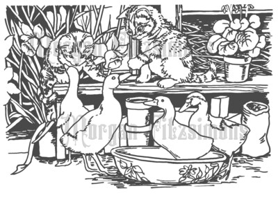 Cats And Geese - Colouring Page
