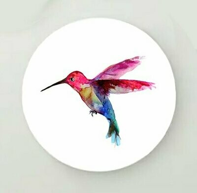 Circular wall print of a colored hummingbird painting