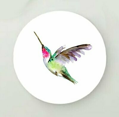 Round wall print with pink and green hummingbird painting
