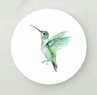 Round print of a green hummingbird watercolor