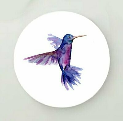 Circular wall print of a purple hummingbird painting