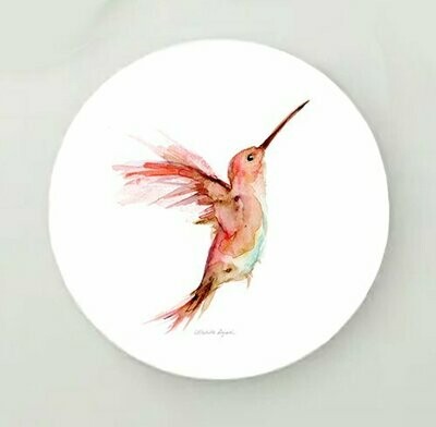 Orange pink hummingbird painting on circular board