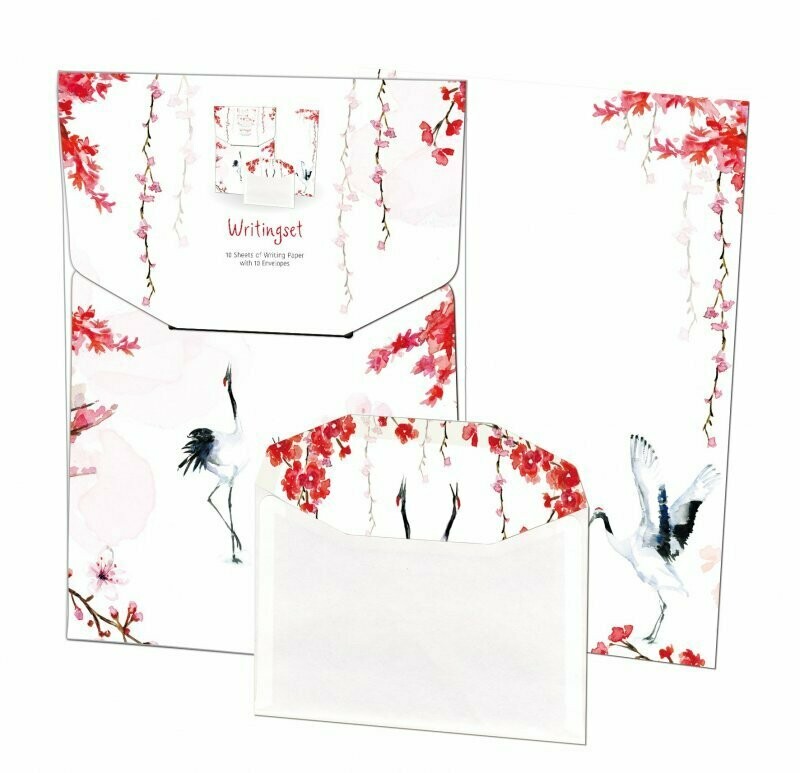 Writing set with cranes and flowers