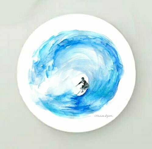 Round wall print of a light blue surf painting