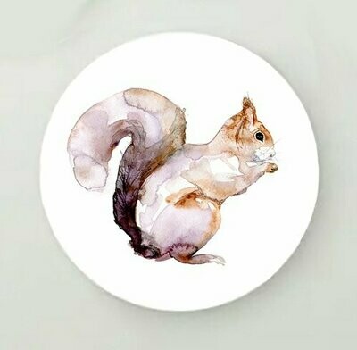 Round print of a squirrel watercolor painting