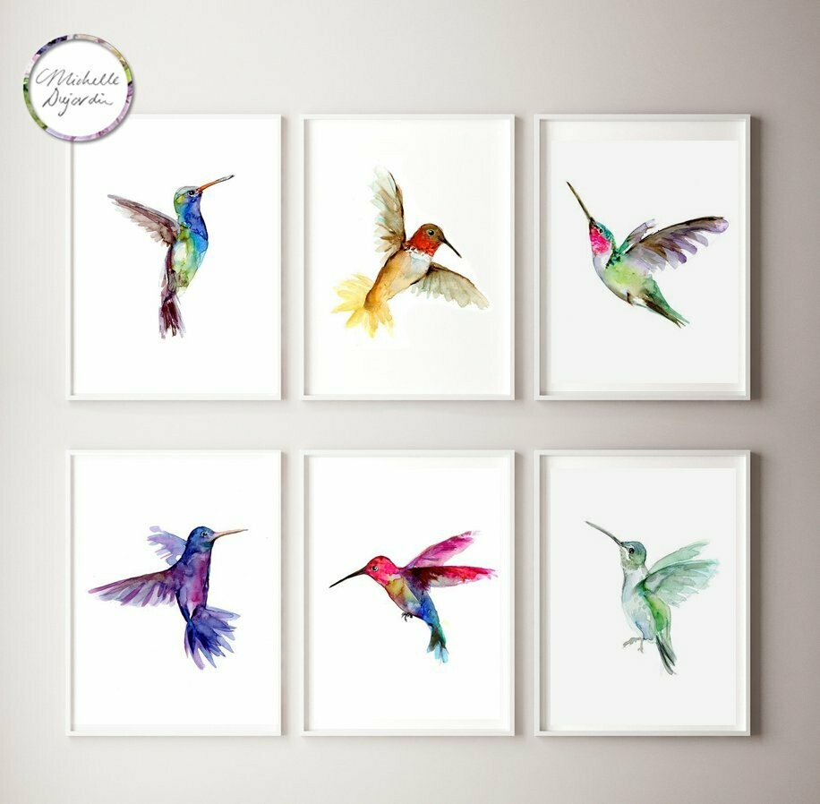 Set of 6 flying hummingbird watercolor prints