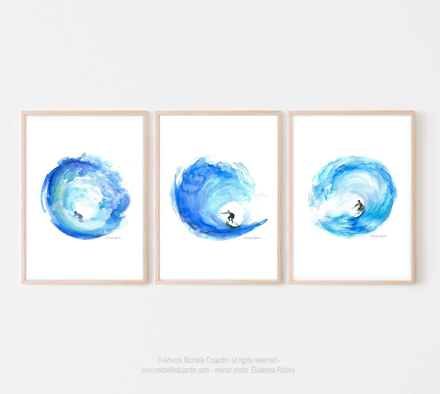 Set of 3 blue surf and wave art prints of watercolor paintings