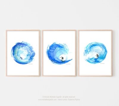 Set of 3 blue surf and wave art prints of watercolor paintings