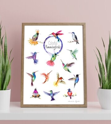 Fine art print with colorful hummingbirds