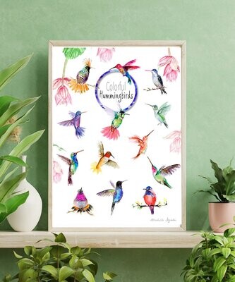 Fine art print with hummingbirds and flowers
