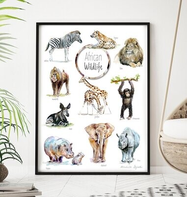African wildlife poster with watercolor illustrations
