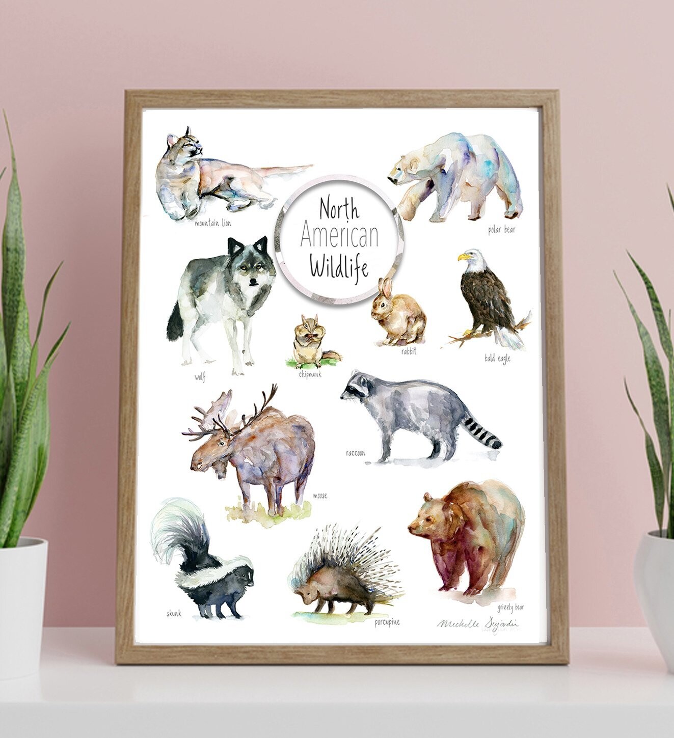 North American wildlife poster with watercolor illustrations