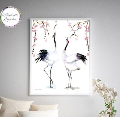 Dancing red crowned cranes watercolor print