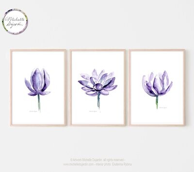 Set of 3 art prints of purple lotus watercolor paintings