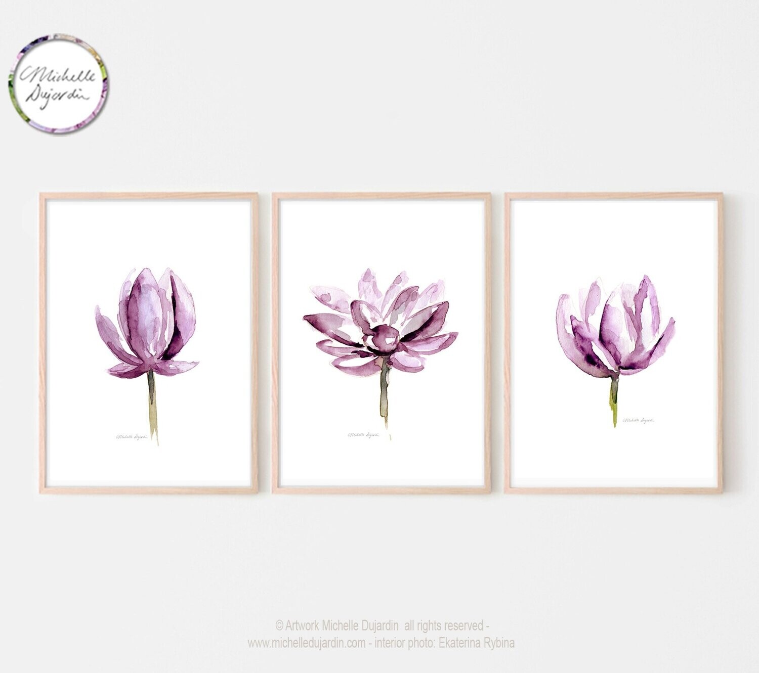 Set of 3 art prints of magenta lotus watercolor paintings