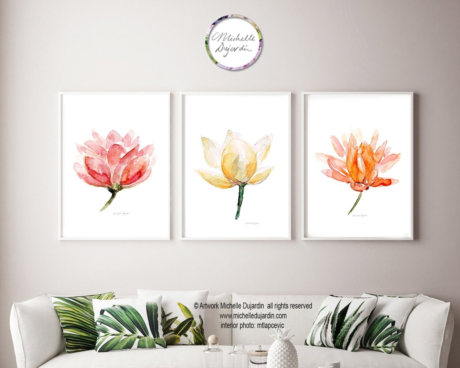 Set of 3 art prints of yellow orange and red lotus flowers