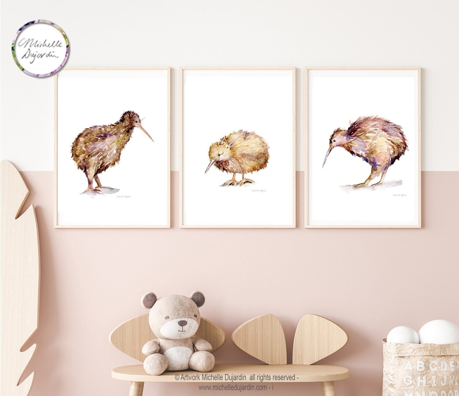 Set of 3 family kiwi bird art prints