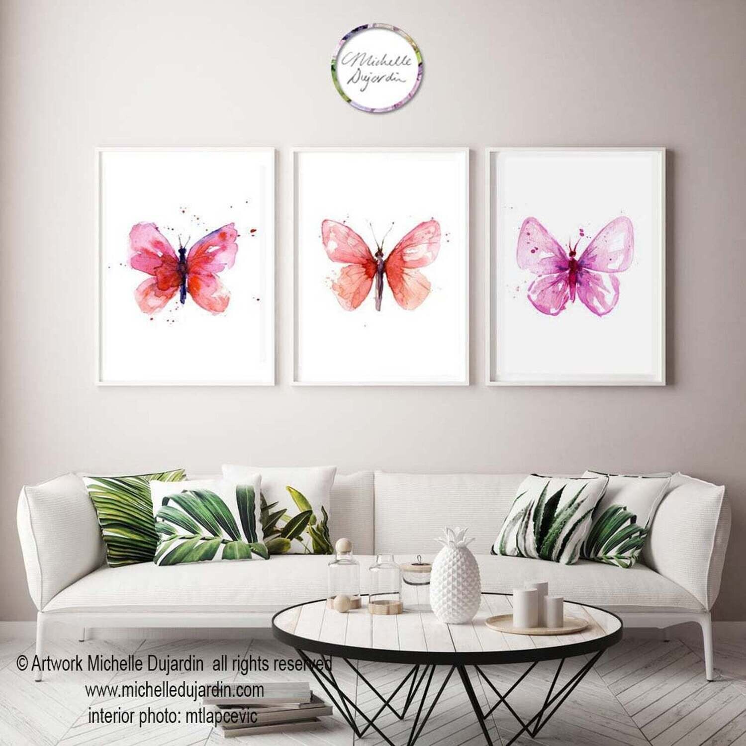 Set of 3 pink butterfly art prints of watercolor paintings
