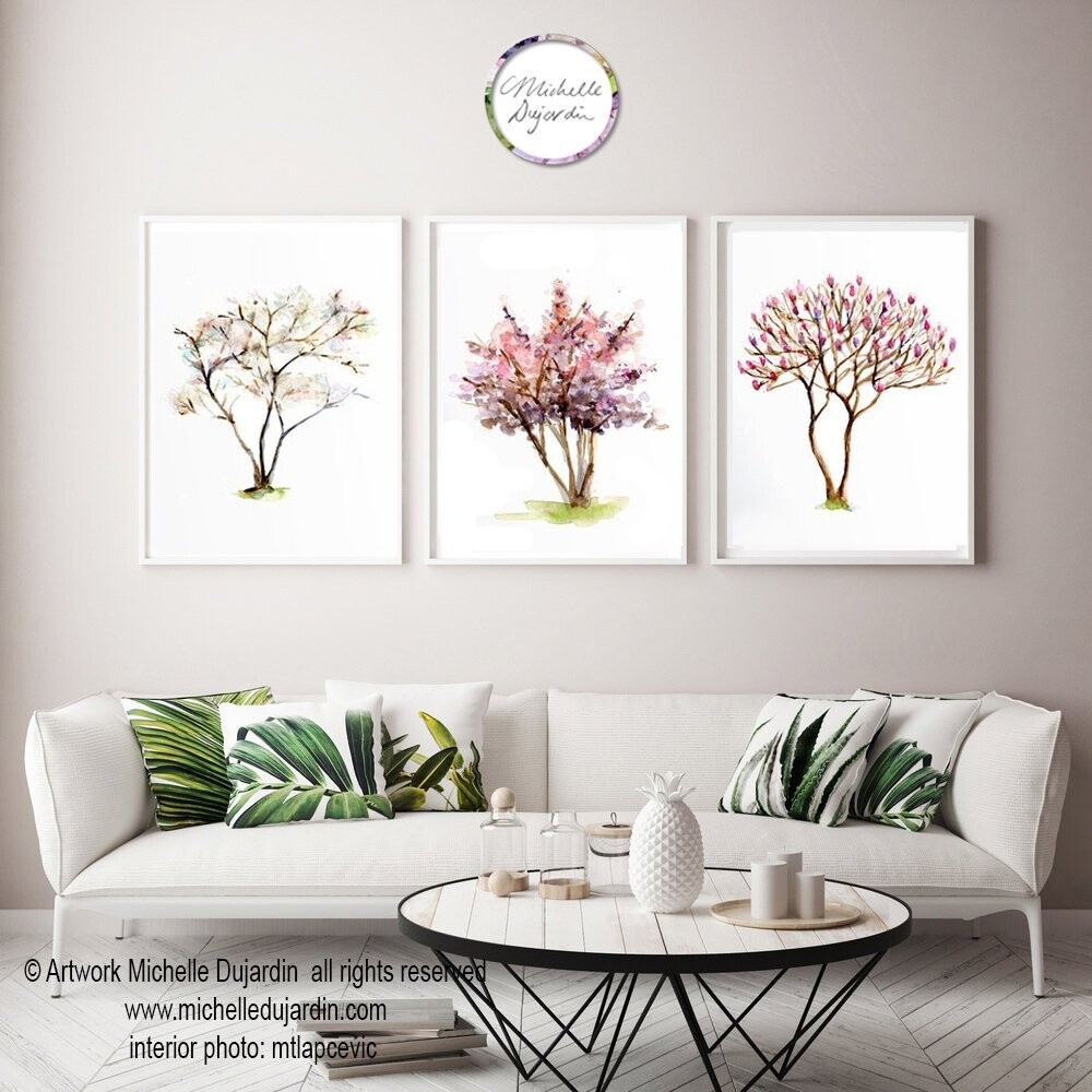 Set of 3 blossom tree art prints of watercolor paintings