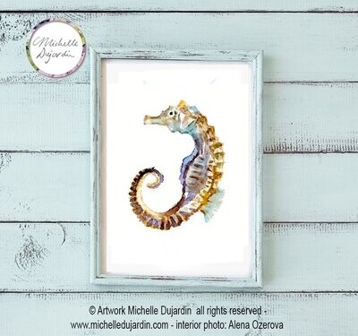 Fine art print of a seahorse watercolor painting