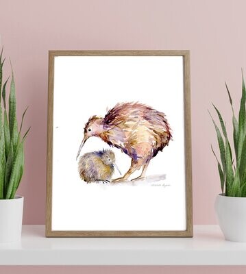 Art print of a kiwi and chick watercolor painting