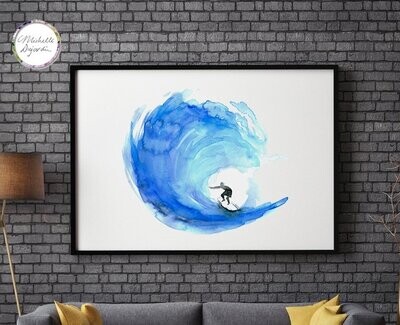 Surf watercolor painting with blue wave