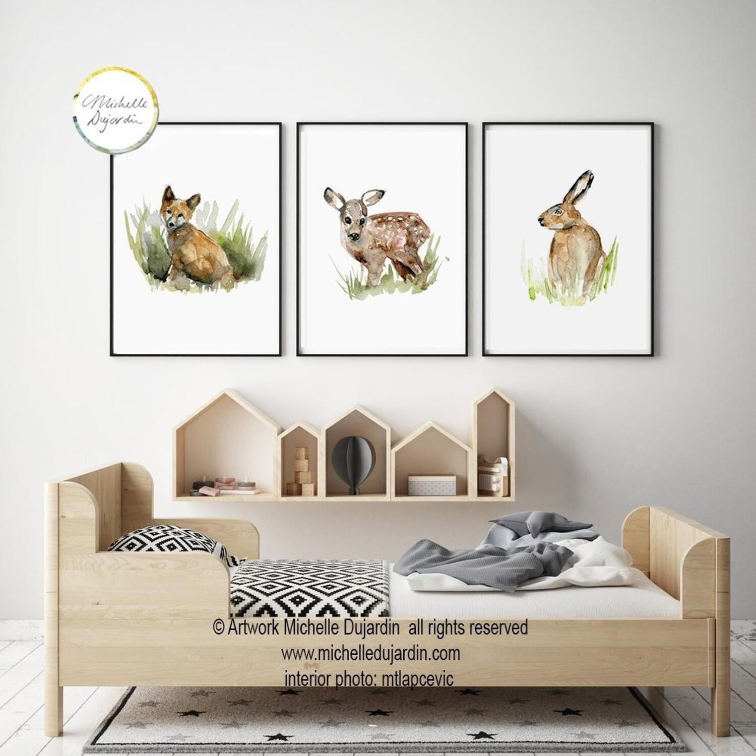 Set of 3 forest animal prints with a
hare, fawn and fox painting