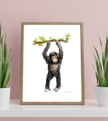Hanging chimpanzee watercolor art print