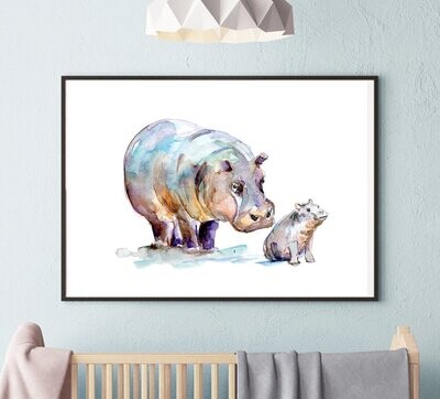 Hippo mother and baby watercolor painting art print