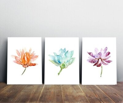 Set of 3 prints of a teal, orange and lilac lotus flower painting