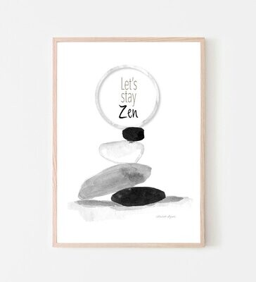 Zen pebbles black ink painting art print