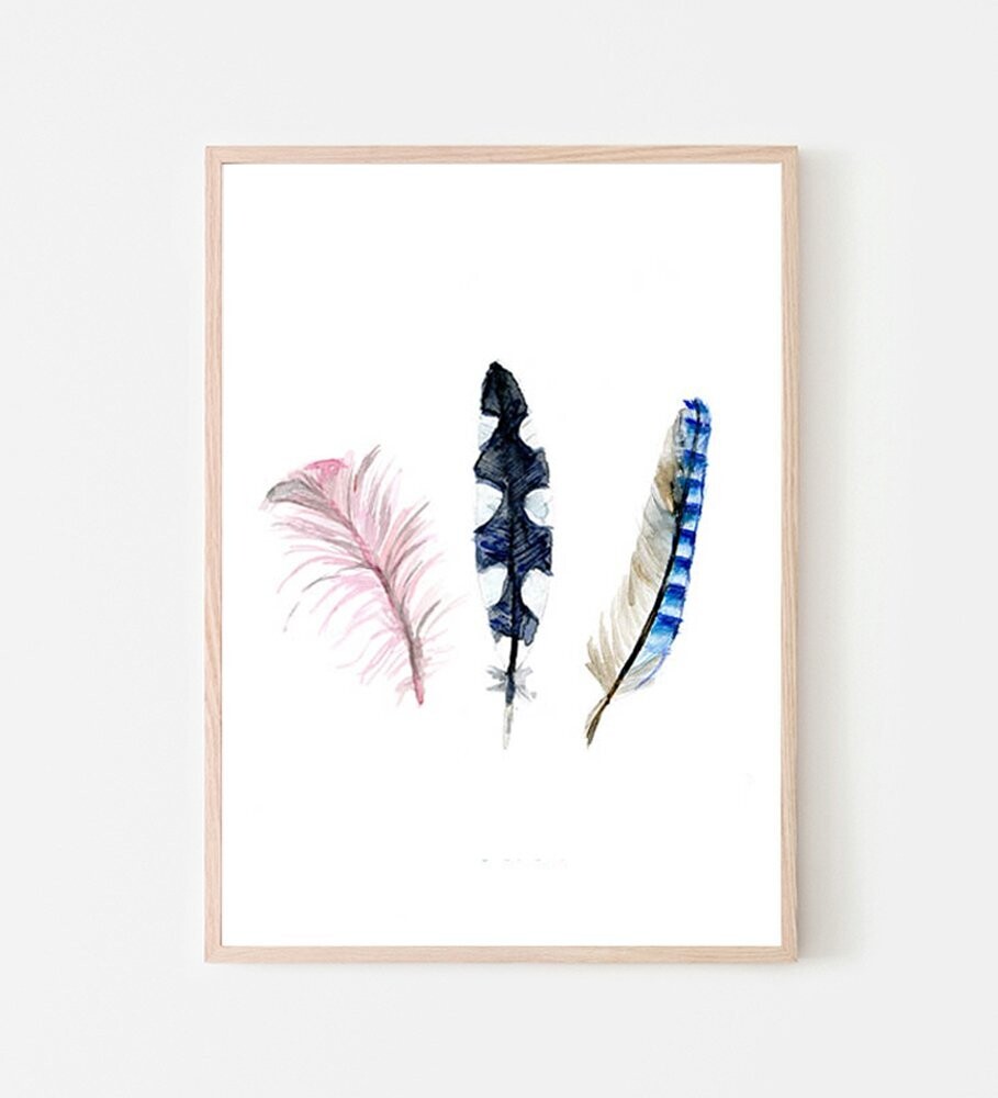 Blue grey pink feathers watercolor painting art print