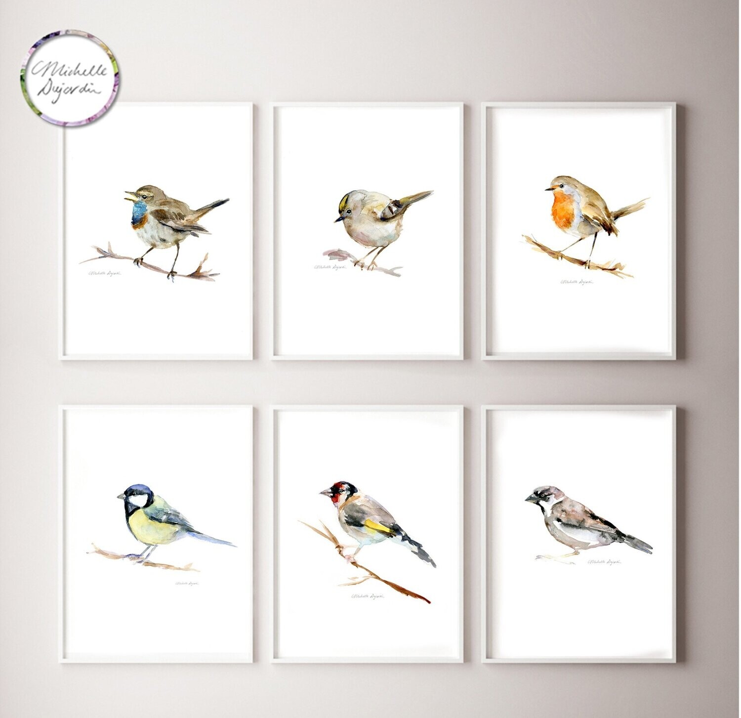 Print set of 6 small bird paintings