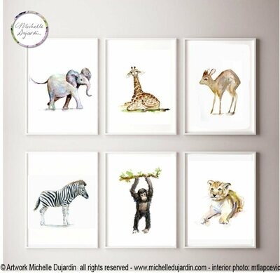 Set of 6 African baby animal prints lion, zebra, dikdik, elephant, giraffe and chimpanzee