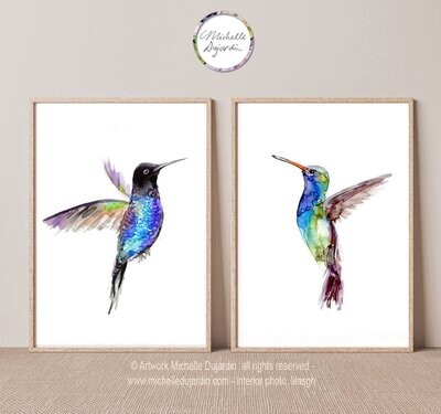 Set of two blue hummingbird watercolor prints