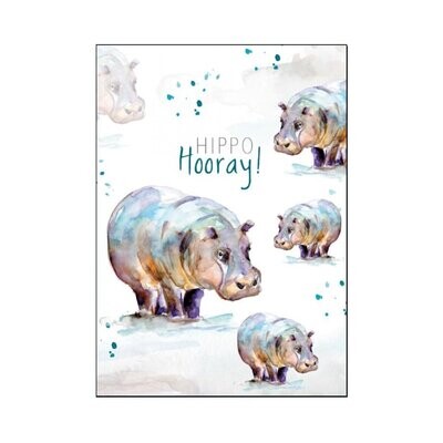 Birthday card with hippos and text 'Hippo Hooray!'