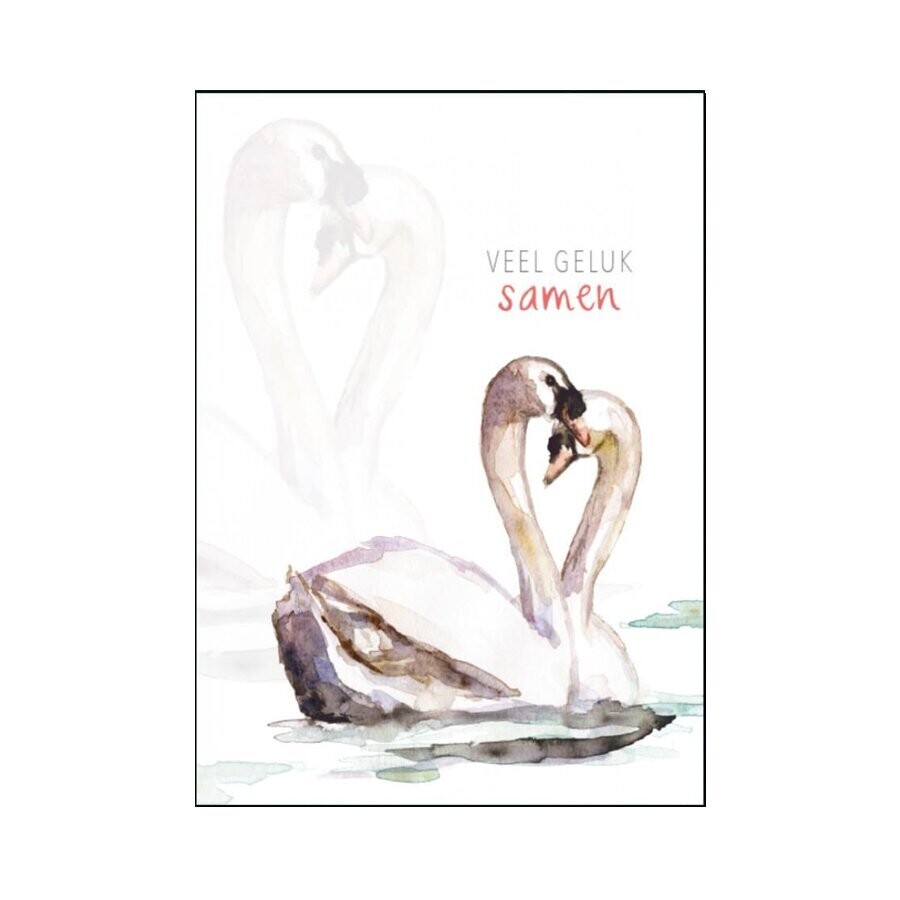 Greeting card with swans and text 'veel geluk samen'