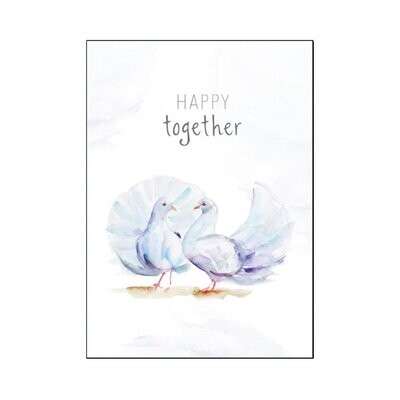 Romantic greeting card with doves and text 'happy together'