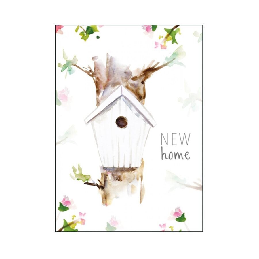 Greeting card 'new home' with birdhouse illustration