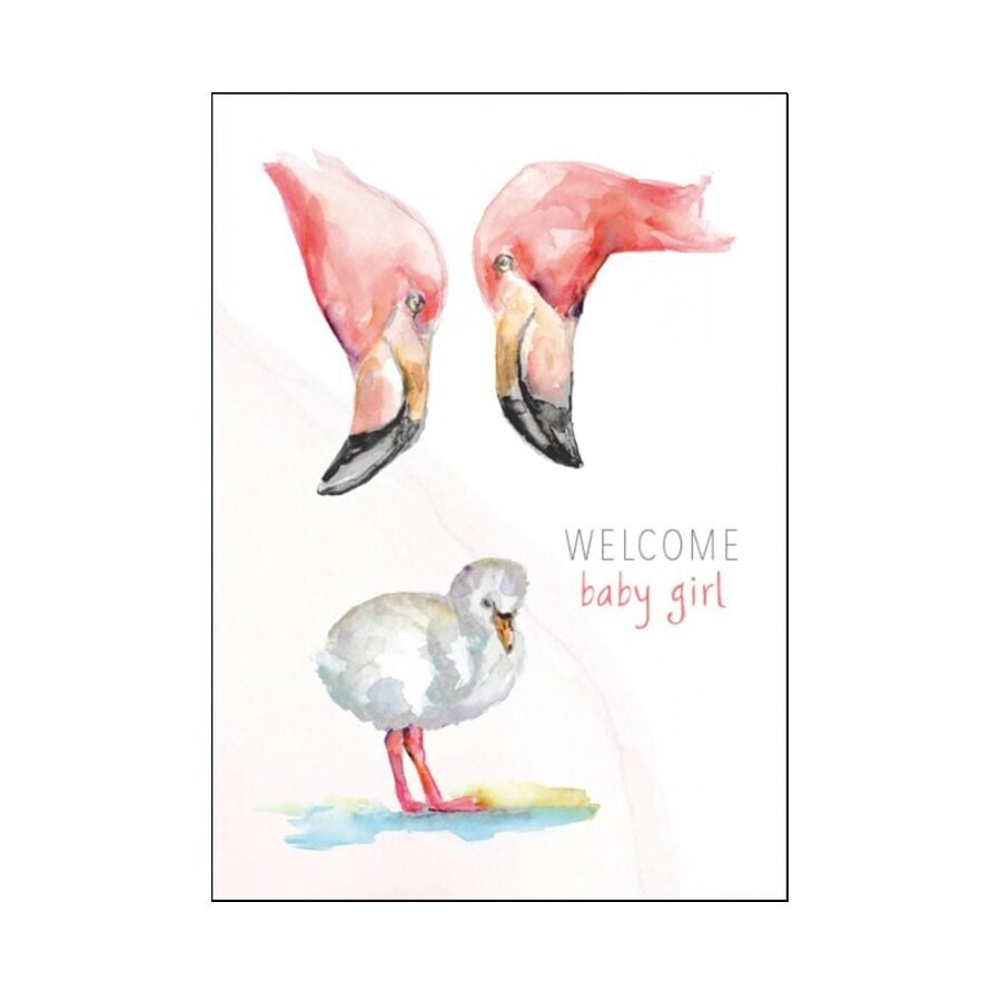 Birth card 'welcome baby girl' with flamingos