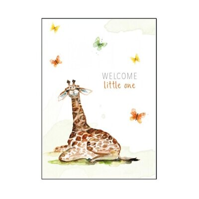 Newborn baby card 'welcome little one' with baby giraffe