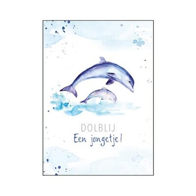 Birth card with mother and baby dolphin and text 'dolblij een jongetje'
